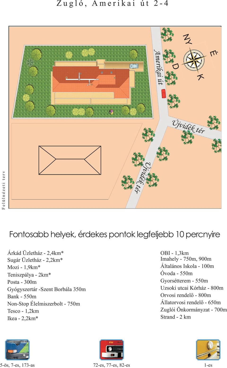 Bank - 550m Non-Stop Élelmiszerbolt - 750m Tesco - 1,2km Ikea - 2,2km* OBI - 1,3km Imahely - 750m, 900m Általános Iskola - 100m Óvoda - 550m Gyorsétterem -