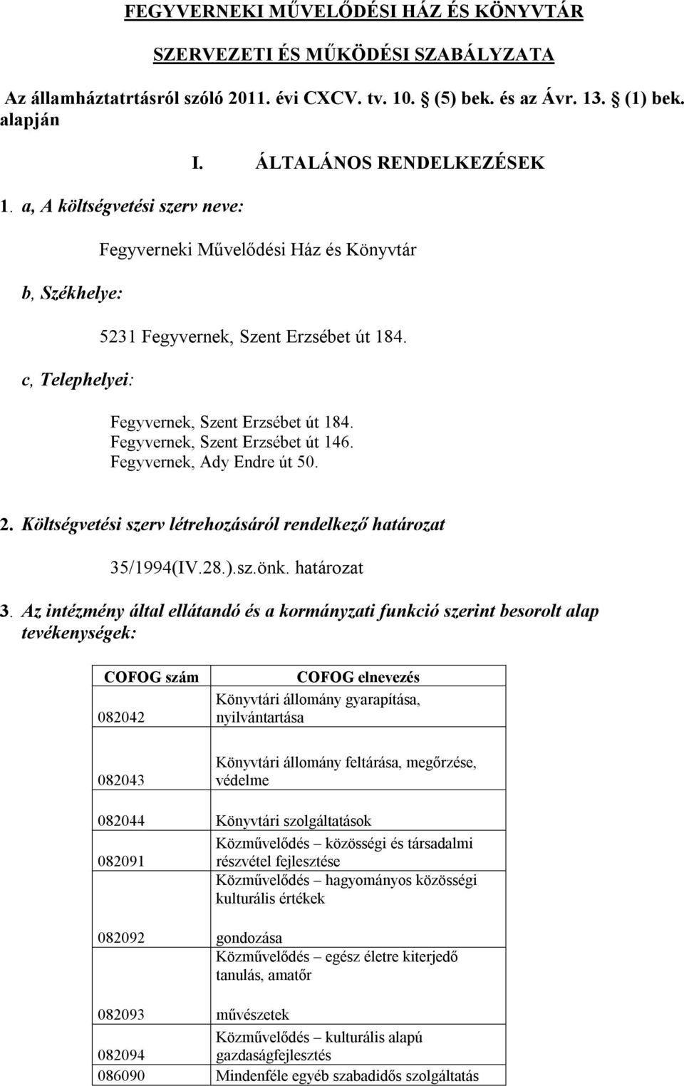 Fegyvernek, Szent Erzsébet út 184. Fegyvernek, Szent Erzsébet út 146. Fegyvernek, Ady Endre út 50. 2. Költségvetési szerv létrehozásáról rendelkező határozat 35