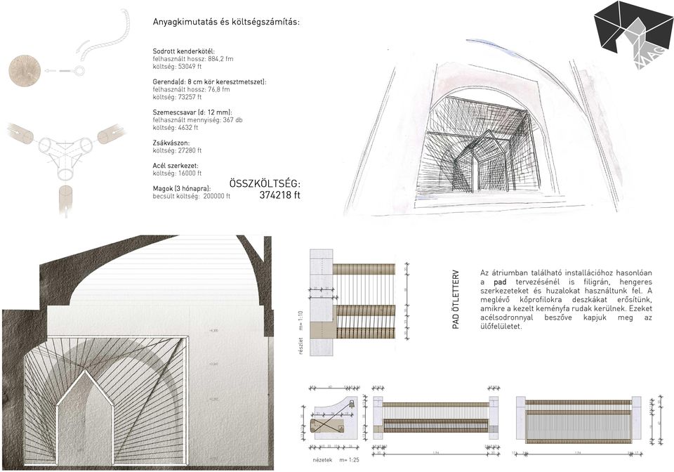 becsült költség: 200000 ft m= 1:10 PAD ÖTLETTERV : 100 részlet t2 néze m= 1 nézetek m= 1:25 Az átriumban található installációhoz hasonlóan a pad tervezésénél is filigrán, hengeres