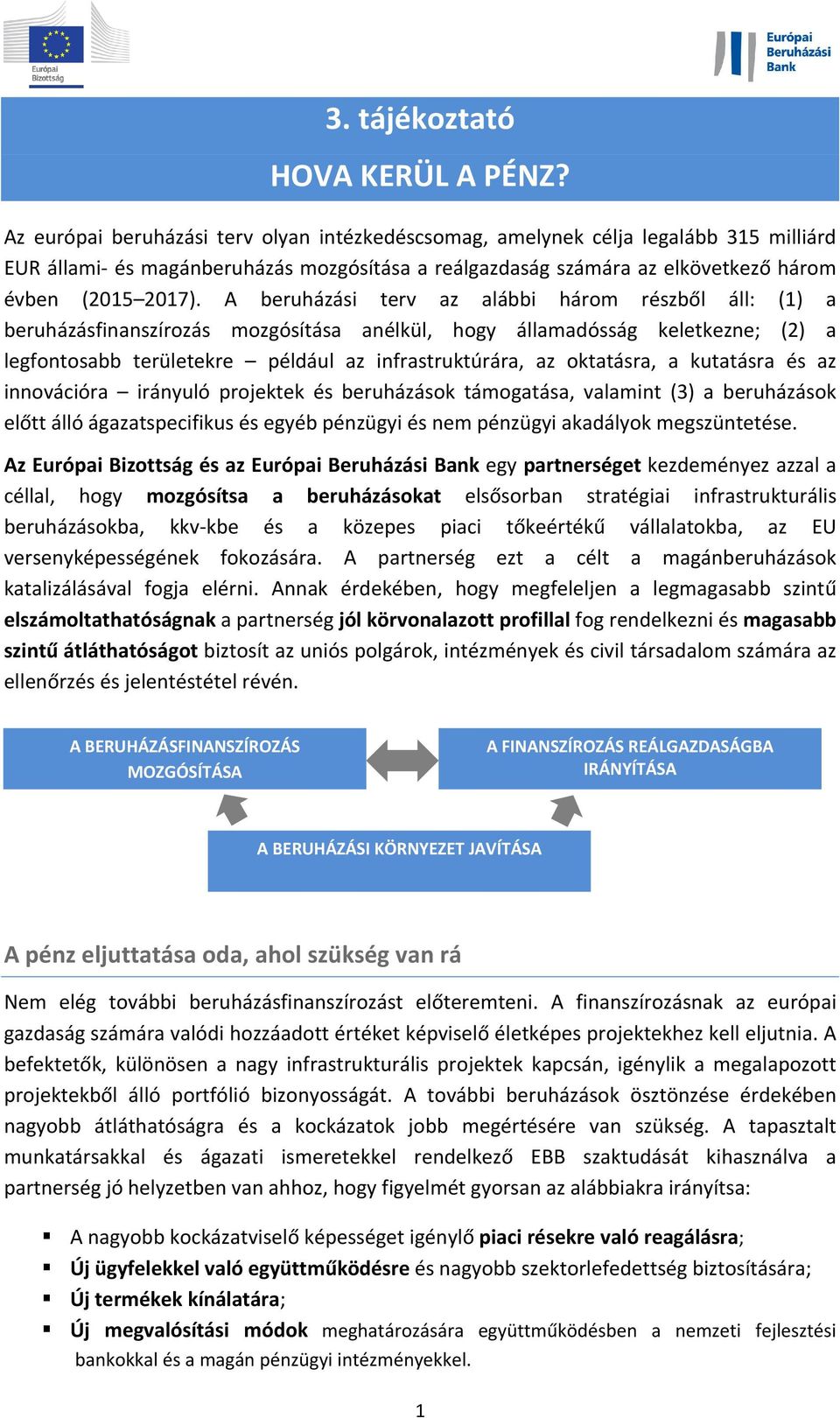 A beruházási terv az alábbi három részből áll: (1) a beruházásfinanszírozás mozgósítása anélkül, hogy államadósság keletkezne; (2) a legfontosabb területekre például az infrastruktúrára, az