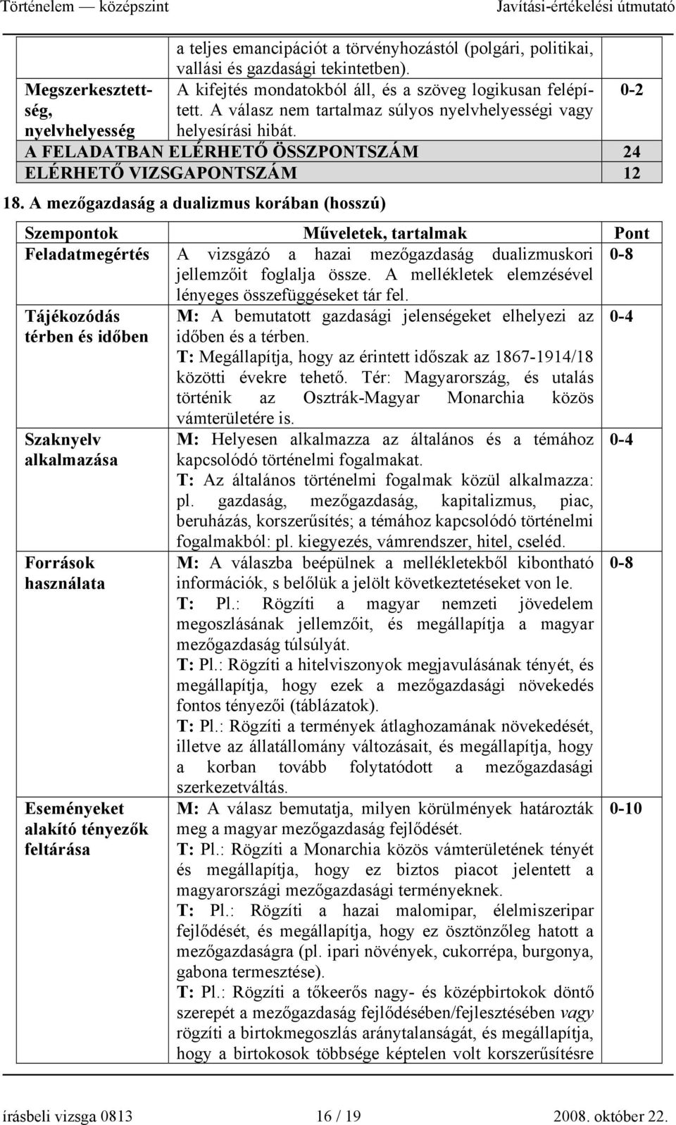 A mezőgazdaság a dualizmus korában (hosszú) Szempontok Műveletek, tartalmak Pont Feladatmegértés A vizsgázó a hazai mezőgazdaság dualizmuskori 0-8 jellemzőit foglalja össze.