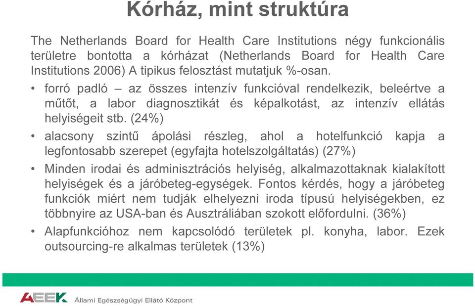 (24%) alacsony szintű ápolási részleg, ahol a hotelfunkció kapja a legfontosabb szerepet (egyfajta hotelszolgáltatás) (27%) Minden irodai és adminisztrációs helyiség, alkalmazottaknak kialakított