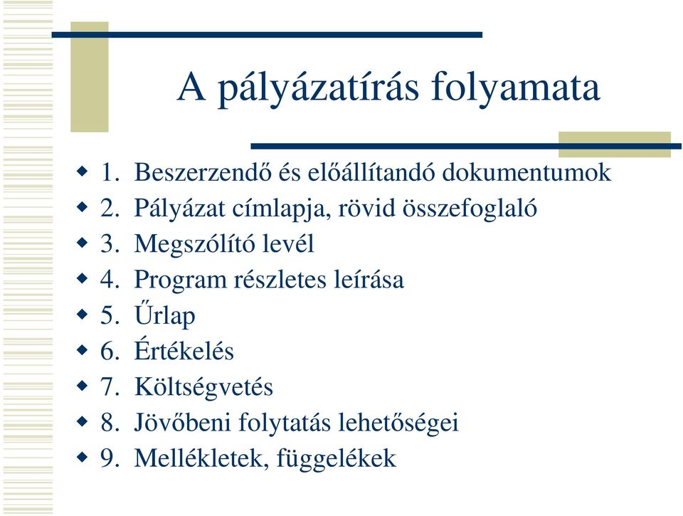 Pályázat címlapja, rövid összefoglaló 3. Megszólító levél 4.