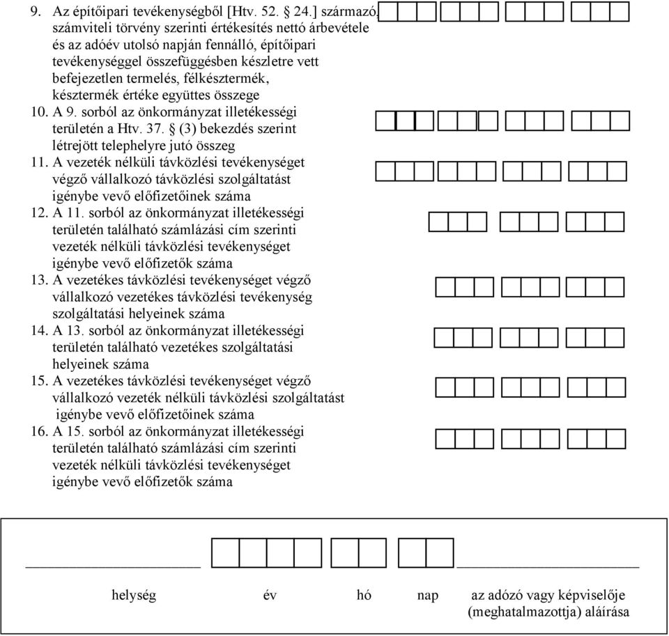 késztermék értéke együttes összege 10. A 9. sorból az önkormányzat illetékességi területén a Htv. 37. (3) bekezdés szerint létrejött telephelyre jutó összeg 11.