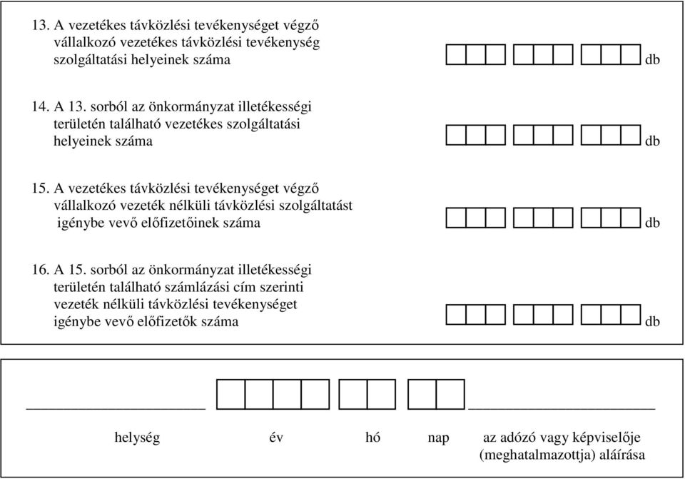 A vezetékes távközlési tevékenységet végző vállalkozó vezeték nélküli távközlési szolgáltatást igénybe vevő előfizetőinek száma db 16. A 15.