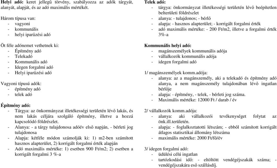 adók: - építmény adó - telek adó Építmény adó: - Tárgya: az önkormányzat illetékességi területén lévı lakás, és nem lakás céljára szolgáló építmény, illetve a hozzá kapcsolódó földrészlet.