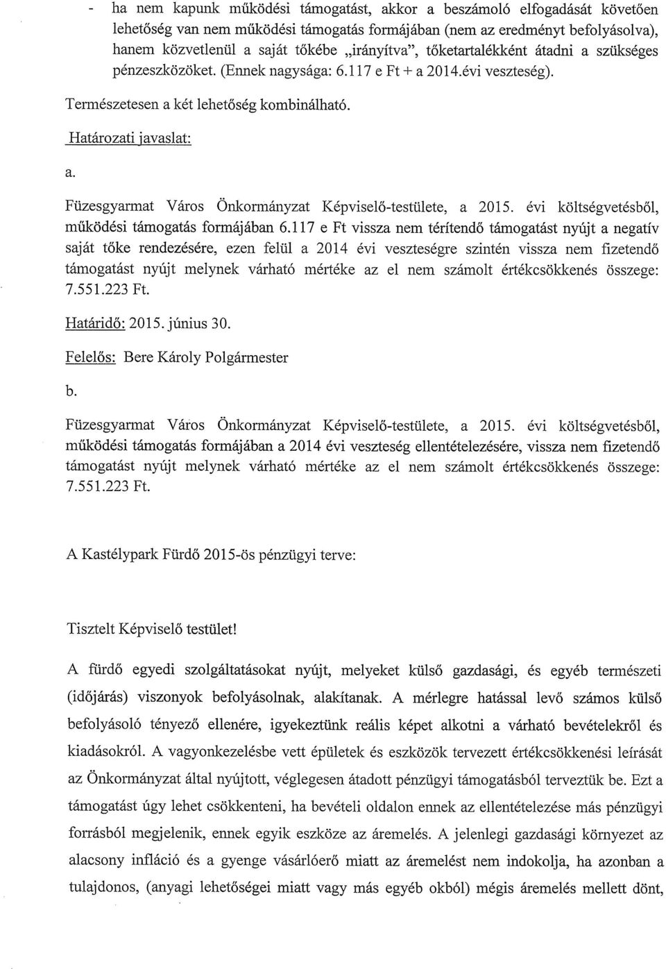 Füzesgyarmat Város Önkormányzat Képviselő-testülete, a 2015. évi költségvetésből, működési támogatás formájában 6.