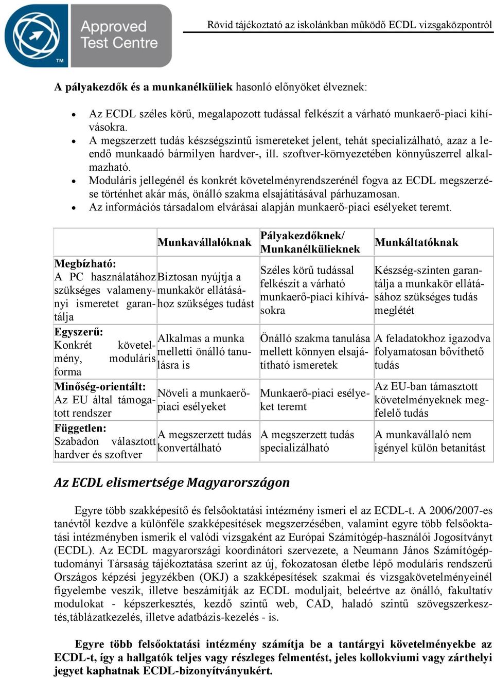 Moduláris jellegénél és konkrét követelményrendszerénél fogva az ECDL megszerzése történhet akár más, önálló szakma elsajátításával párhuzamosan.