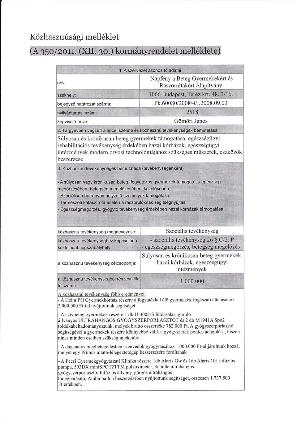, lg grs qeg9l94l Súlyosan s krónkusan beteg gyermekek, hazaíkőrhzak, e g s z s gügy ntzmnyek A l<özhasznú tevken),sg íőbb eredmn)e: - A Hem Pl Gyermekkőrhz rszrea fogyatkkal lő gyermekek fogszat