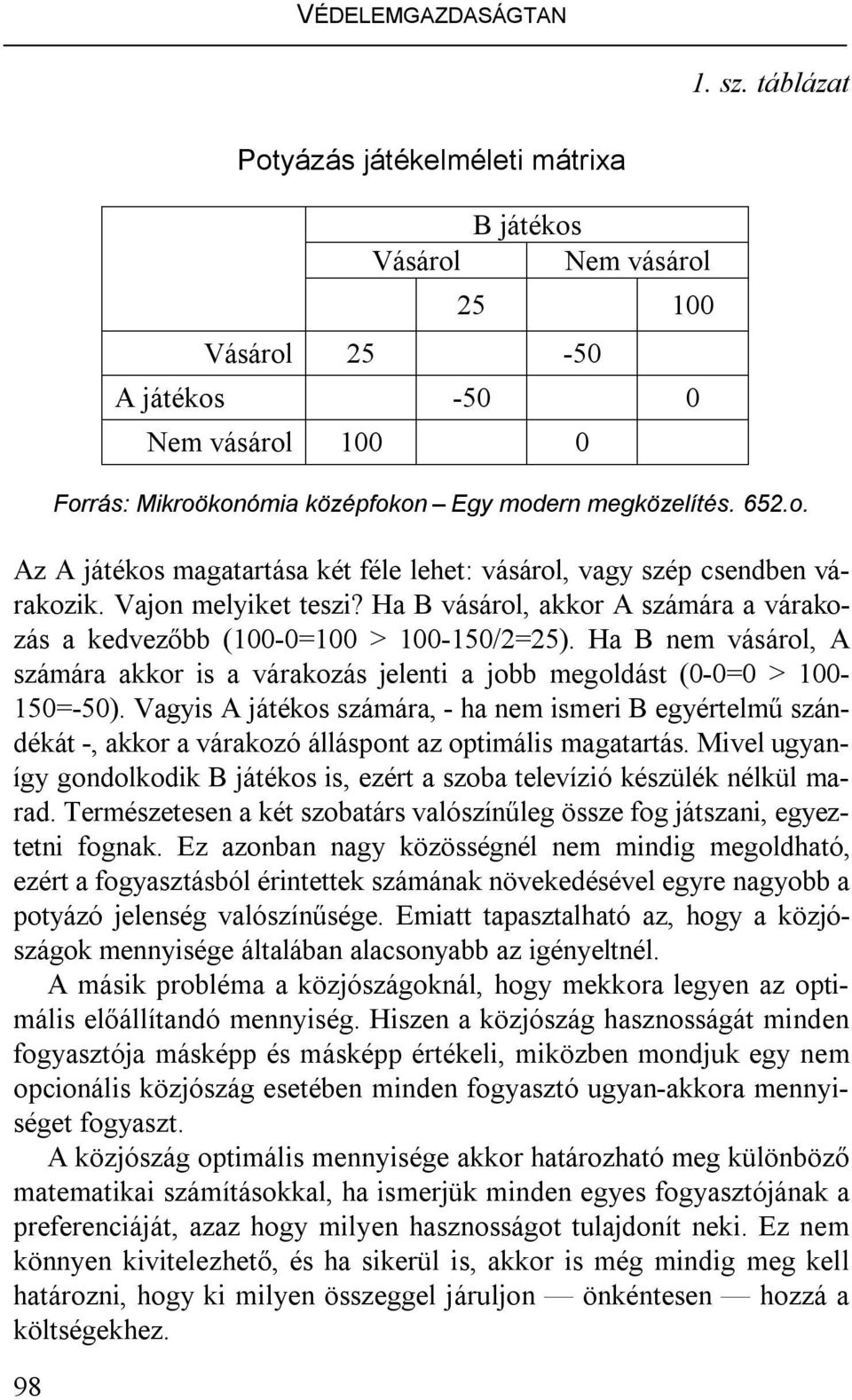 Vajon melyiket teszi? Ha B vásárol, akkor A számára a várakozás a kedvezőbb (100-0=100 > 100-150/2=25). Ha B nem vásárol, A számára akkor is a várakozás jelenti a jobb megoldást (0-0=0 > 100-150=-50).