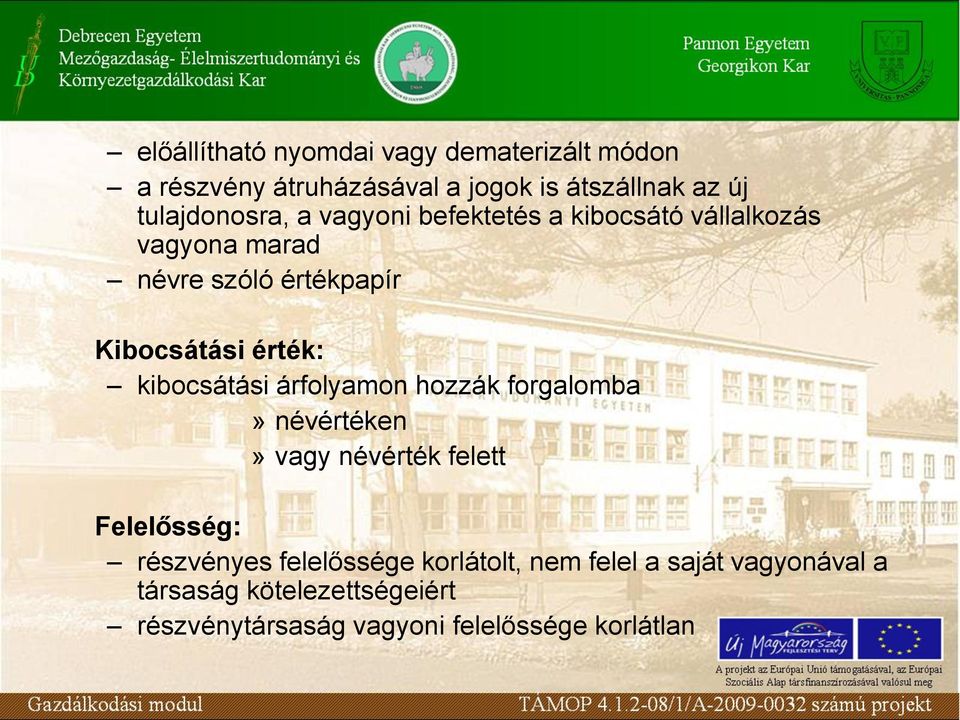 érték: kibocsátási árfolyamon hozzák forgalomba» névértéken» vagy névérték felett Felelősség: részvényes