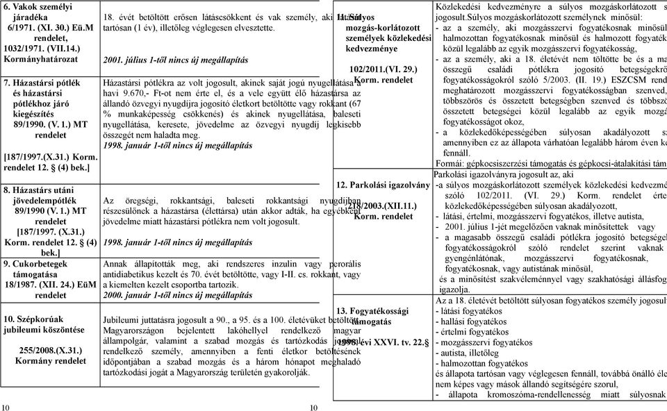 ) EüM rendelet 10. Szépkorúak jubileumi köszöntése 255/2008.(X.31.) Kormány rendelet 18. évét betöltött erősen látáscsökkent és vak személy, aki 11.