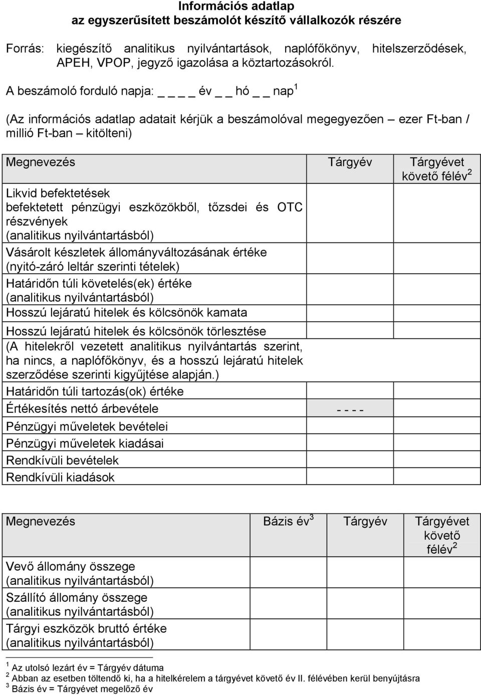 A beszámoló forduló napja: év hó nap 1 (Az információs adatlap adatait kérjük a beszámolóval megegyezően ezer Ft-ban / millió Ft-ban kitölteni) Megnevezés Tárgyév Tárgyévet követő félév 2 Likvid