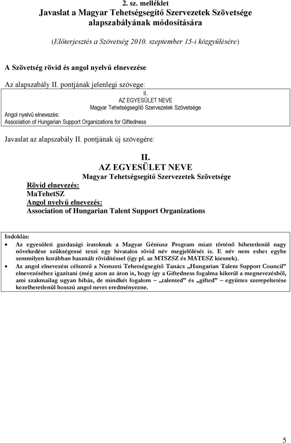 AZ EGYESÜLET NEVE Magyar Tehetségsegítő Szervezetek Szövetsége Angol nyelvű elnevezés: Association of Hungarian Support Organizations for Giftedness Javaslat az alapszabály II.
