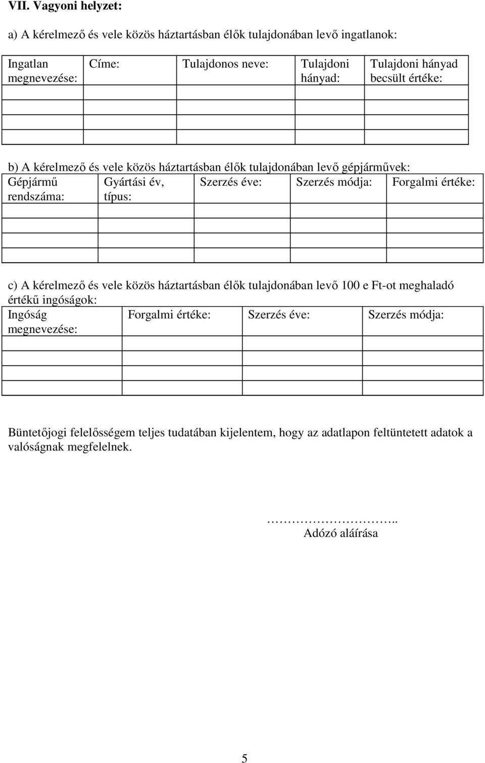 Szerzés módja: Forgalmi értéke: c) A kérelmező és vele közös háztartásban élők tulajdonában levő 100 e Ft-ot meghaladó értékű ingóságok: Ingóság megnevezése: Forgalmi