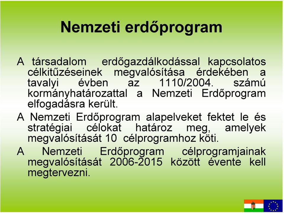 A Nemzeti Erdőprogram alapelveket fektet le és stratégiai célokat határoz meg, amelyek megvalósítását 10