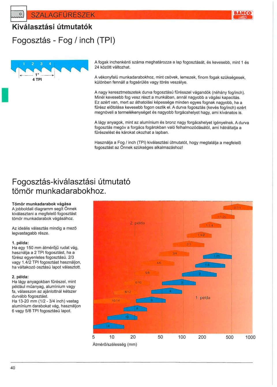 A nagy keresztmetszetek durva fogosztású fürésszel vágandók (néhány fog/inch). Minél kevesebb fog vesz részt a munkában, annál nagyobb a vágási kapacitás.