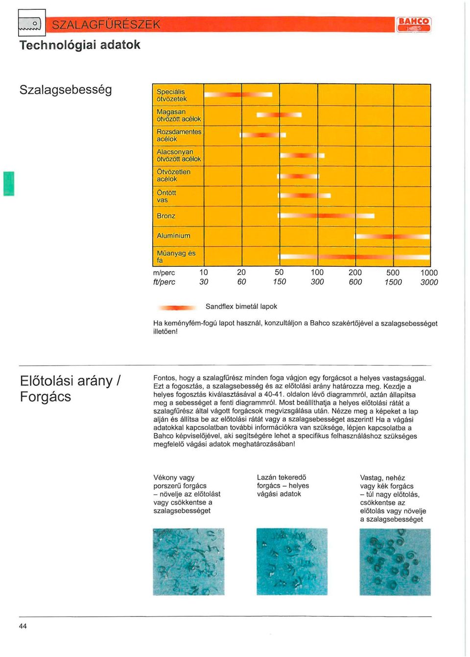 Előtolási arány / Forgács Fontos, hogy a szalagfűrész minden foga vágjon egy forgácsot a helyes vastagsággal. Ezt a fogosztás, a szalagsebesség és az előtolási arány határozza meg.