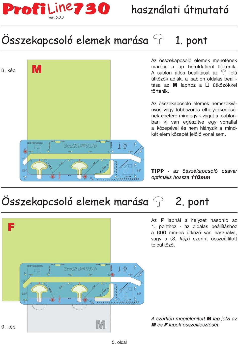 Az összekapcsoló elemek nemszokványos vagy többszörös elhelyezkedésének esetére mindegyik vágat a sablonban ki van egészítve egy vonallal a közepével és nem hiányzik a mindkét elem