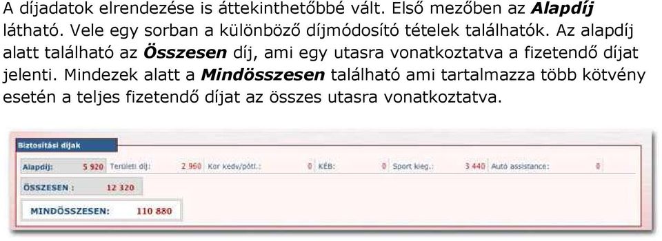 Az alapdíj alatt található az Összesen díj, ami egy utasra vonatkoztatva a fizetendő díjat