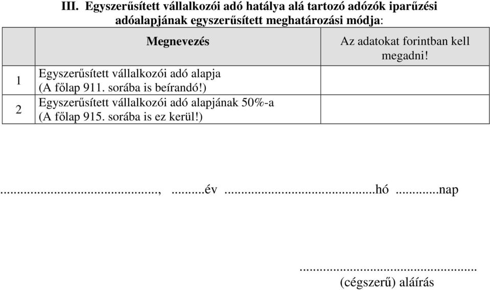 egyszerősített meghatározási módja: Megnevezés Egyszerősített vállalkozói adó alapja (A