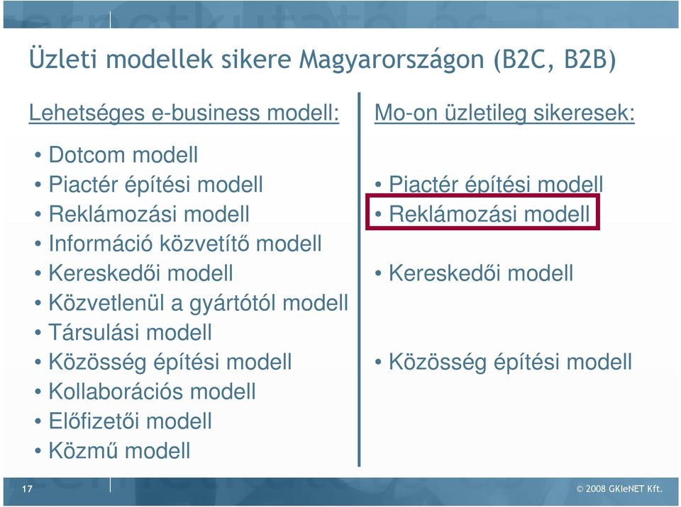 Társulási modell Közösség építési modell Kollaborációs modell Elıfizetıi modell Közmő modell Mo-on üzletileg