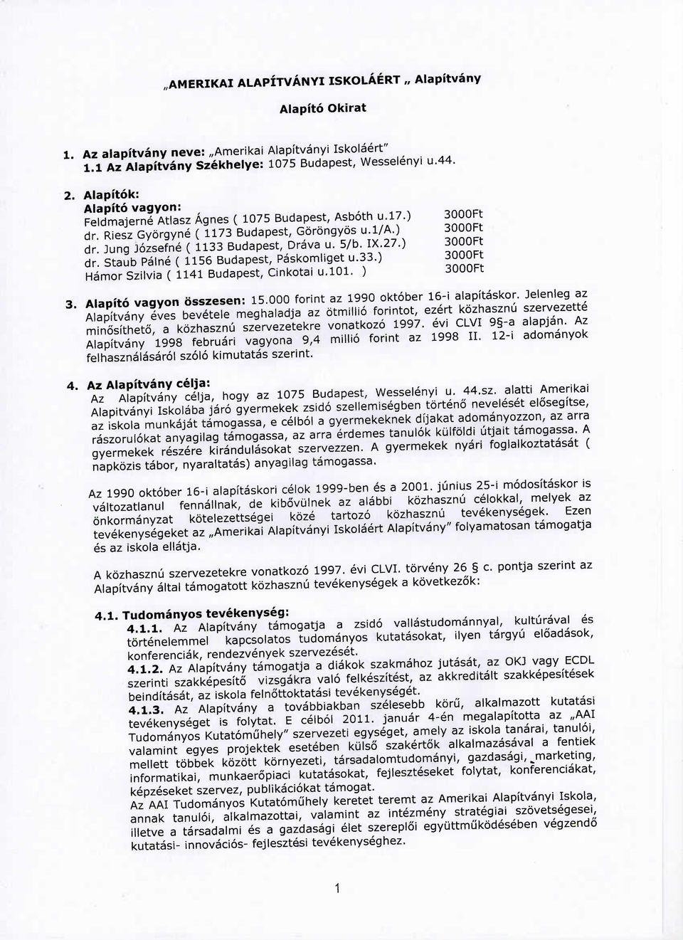 33.) Hamor Szilvia ( 1141 Budapest, Cinkotai u.101. ) SOOOFt 3. Alapito vagyon bsszesen: 15.000 forint az 1990 oktober 16-i alapitaskor.