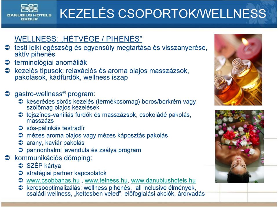 csokoládé pakolás, masszázs sós-pálinkás testradír mézes aroma olajos vagy mézes káposztás pakolás arany, kaviár pakolás pannonhalmi levendula és zsálya program kommunikációs dömping: SZÉP kártya