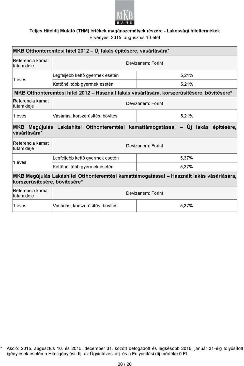 építésére, vásárlására* 1 éves Devizanem: Forint Legfeljebb kettő gyermek esetén 5,37% Kettőnél több gyermek esetén 5,37% MKB Megújulás Lakáshitel Otthonteremtési kamattámogatással Használt lakás