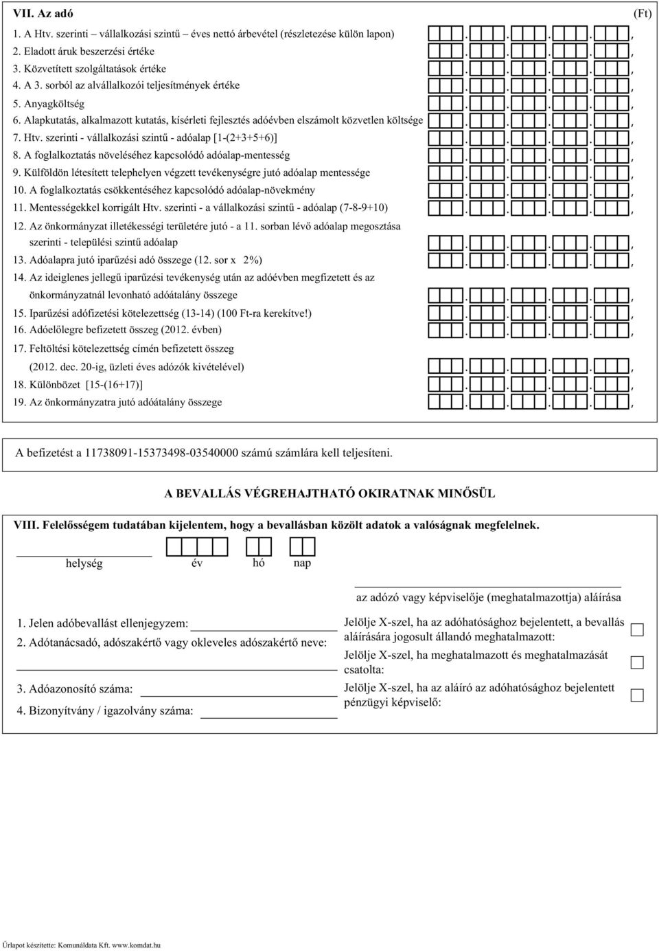 szerinti - vállalkozási szintű - adóalap [1-(2+3+5+6)] 8. A foglalkoztatás növeléséhez kapcsolódó adóalap-mentesség 9.