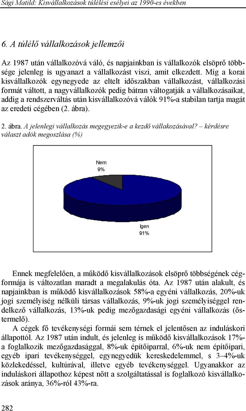 kisvállalkozóvá válók 91%-a stabilan tartja magát az eredeti cégében (2. ábra). 2. ábra. A jelenlegi vállalkozás megegyezik-e a kezdő vállakozásával?