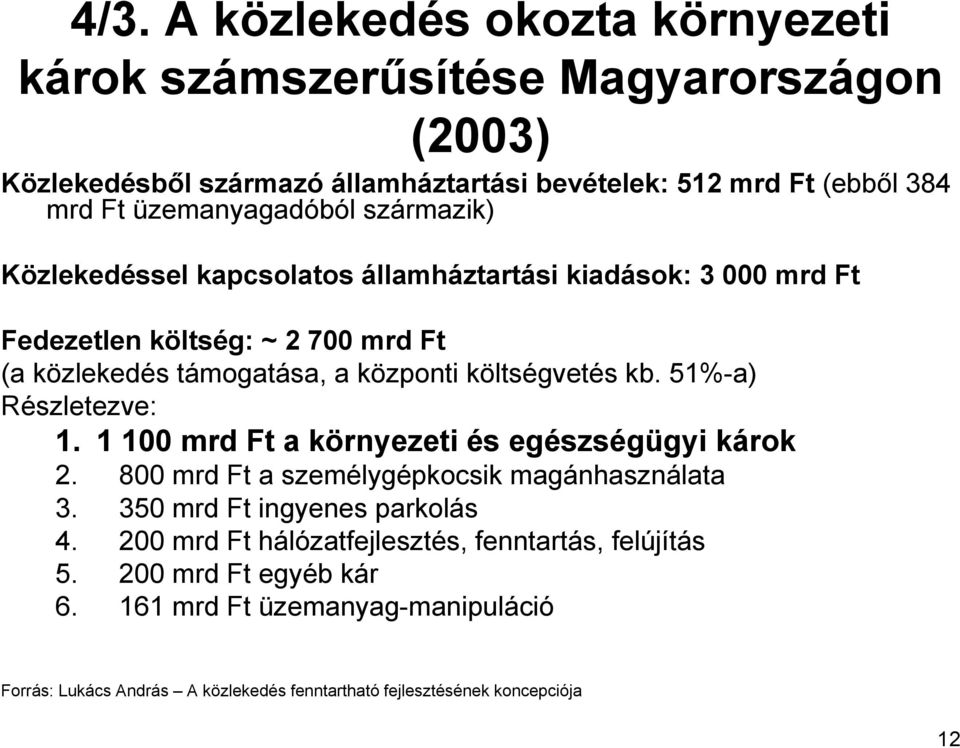 költségvetés kb. 51%-a) Részletezve: 1. 1 100 mrd Ft a környezeti és egészségügyi károk 2. 800 mrd Ft a személygépkocsik magánhasználata 3. 350 mrd Ft ingyenes parkolás 4.