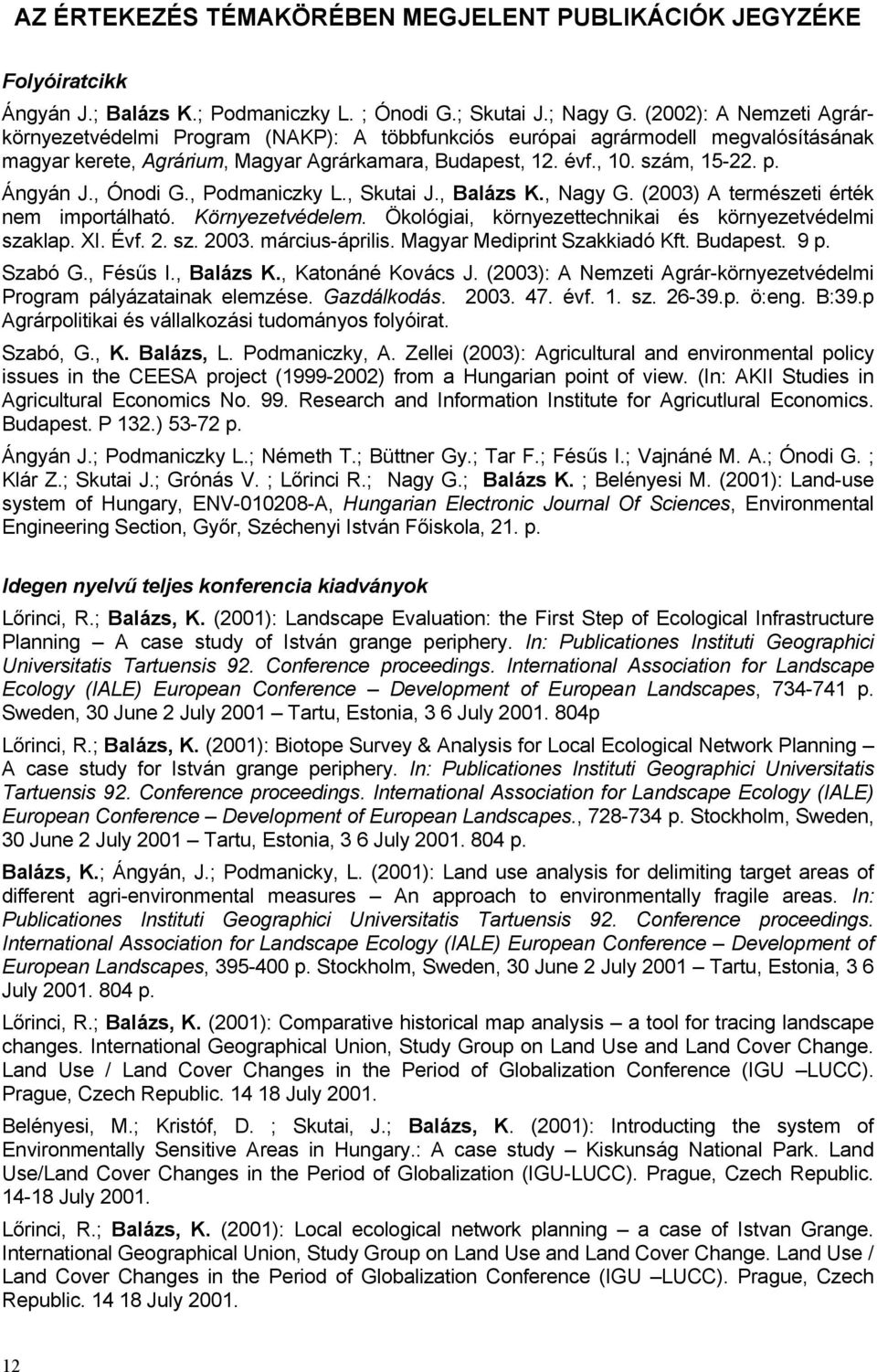 Ángyán J., Ónodi G., Podmaniczky L., Skutai J., Balázs K., Nagy G. (2003) A természeti érték nem importálható. Környezetvédelem. Ökológiai, környezettechnikai és környezetvédelmi szaklap. XI. Évf. 2.