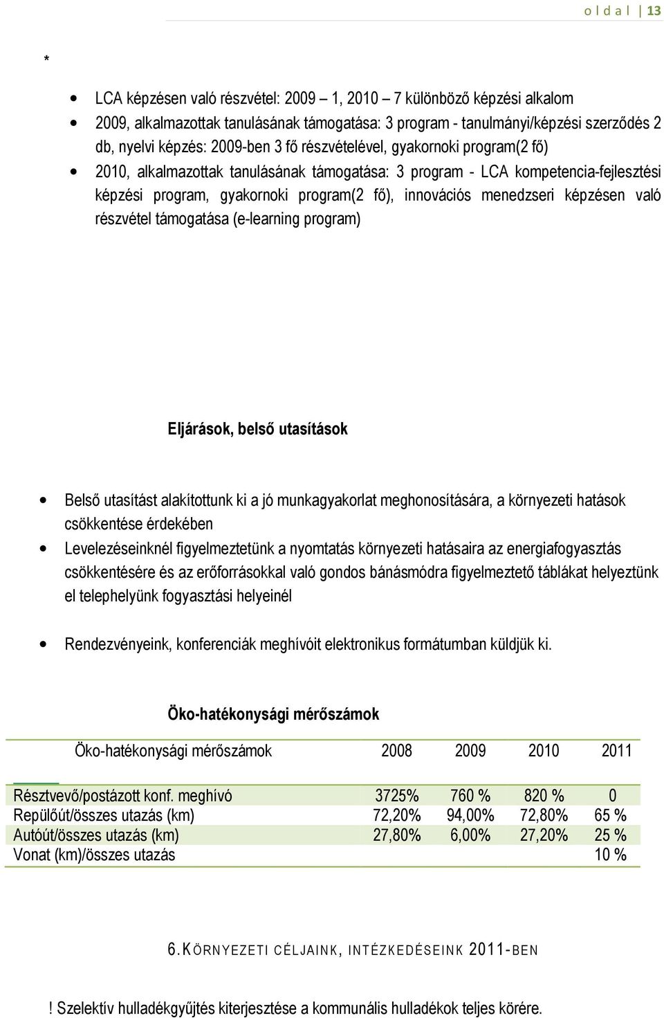 képzésen való részvétel támogatása (e-learning program) Eljárások, belsı utasítások Belsı utasítást alakítottunk ki a jó munkagyakorlat meghonosítására, a környezeti hatások csökkentése érdekében