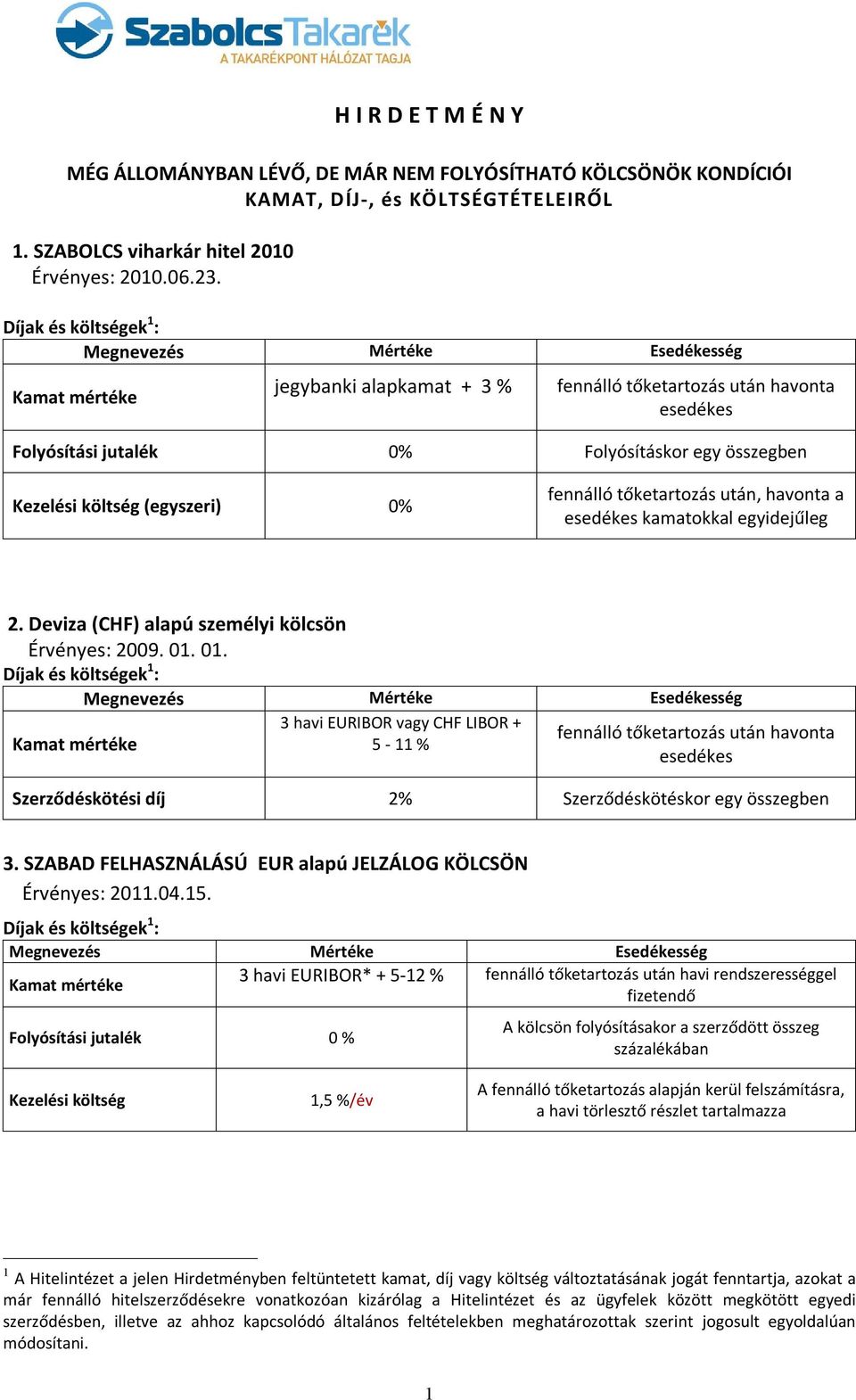 Deviza (CHF) alapú személyi kölcsön 3 havi EURIBOR vagy CHF LIBOR + 5-11 % Szerződéskötési díj 2% Szerződéskötéskor egy összegben 3. SZABAD FELHASZNÁLÁSÚ EUR alapú JELZÁLOG KÖLCSÖN Érvényes: 2011.04.