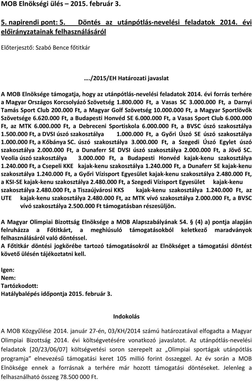 Ft, a Vasas SC 3.000.000 Ft, a Darnyi Tamás Sport Club 200.000 Ft, a Magyar Golf Szövetség 10.000.000 Ft, a Magyar Sportlövők Szövetsége 6.620.000 Ft, a Budapesti Honvéd SE 6.000.000 Ft, a Vasas Sport Club 6.