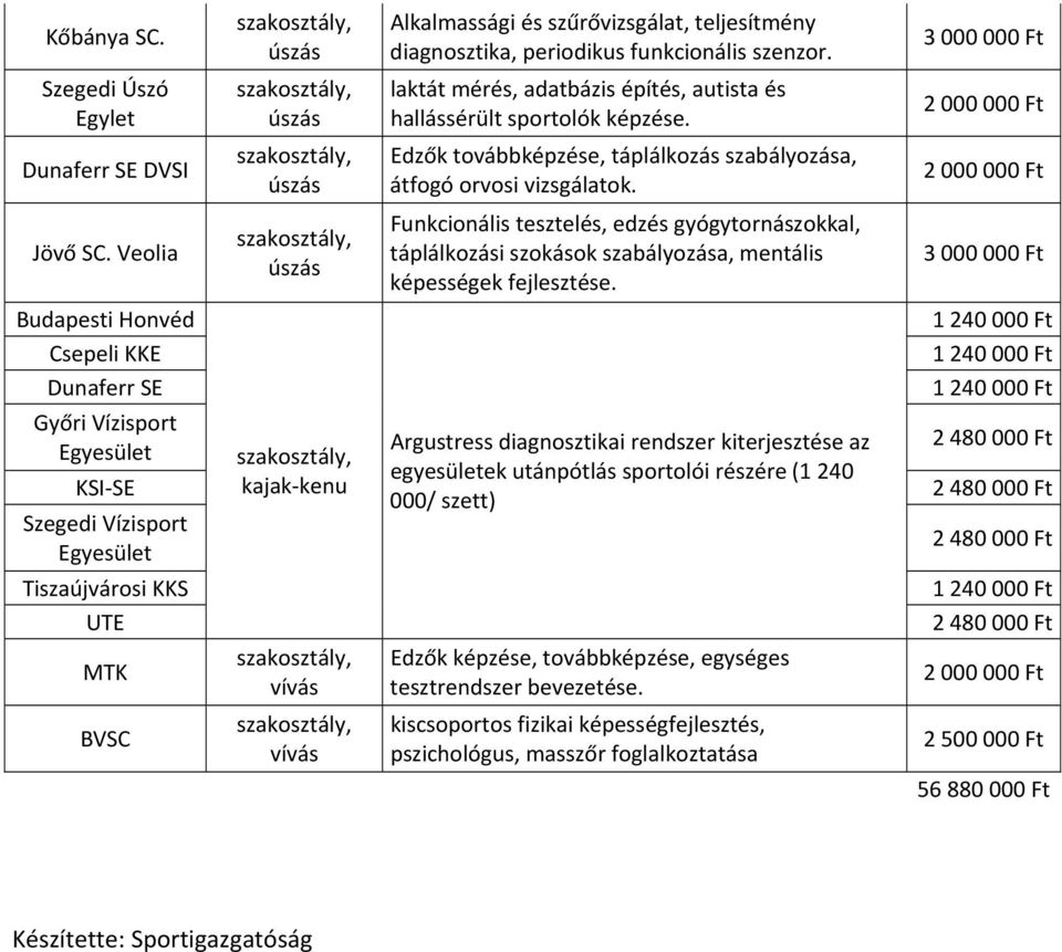 Jövő SC. Veolia Funkcionális tesztelés, edzés gyógytornászokkal, táplálkozási szokások szabályozása, mentális képességek fejlesztése.