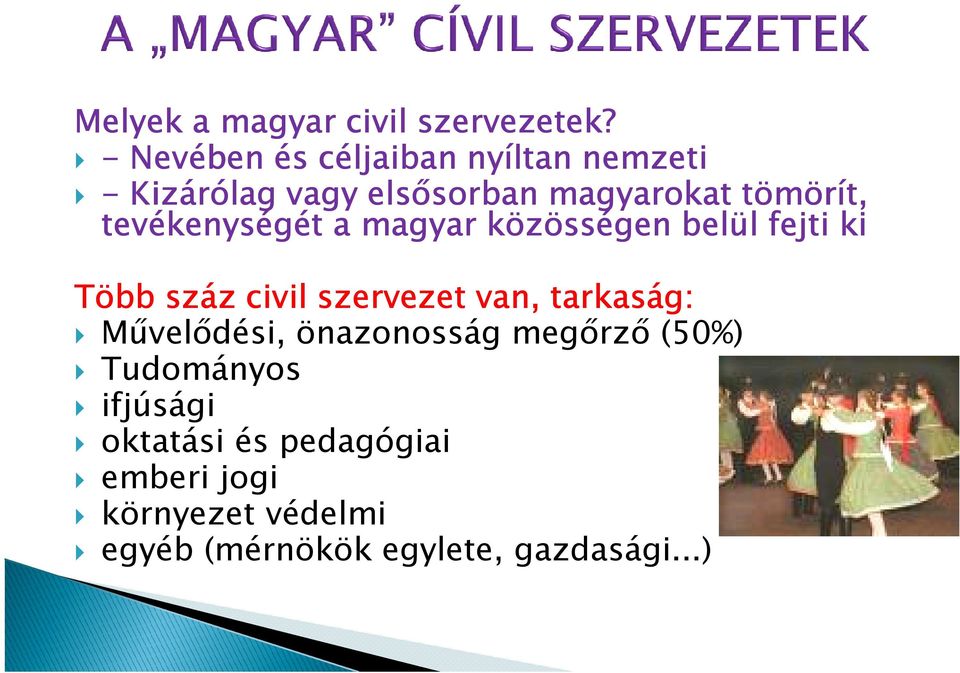 tevékenységét a magyar közösségen belül fejti ki Több száz civil szervezet van, tarkaság: