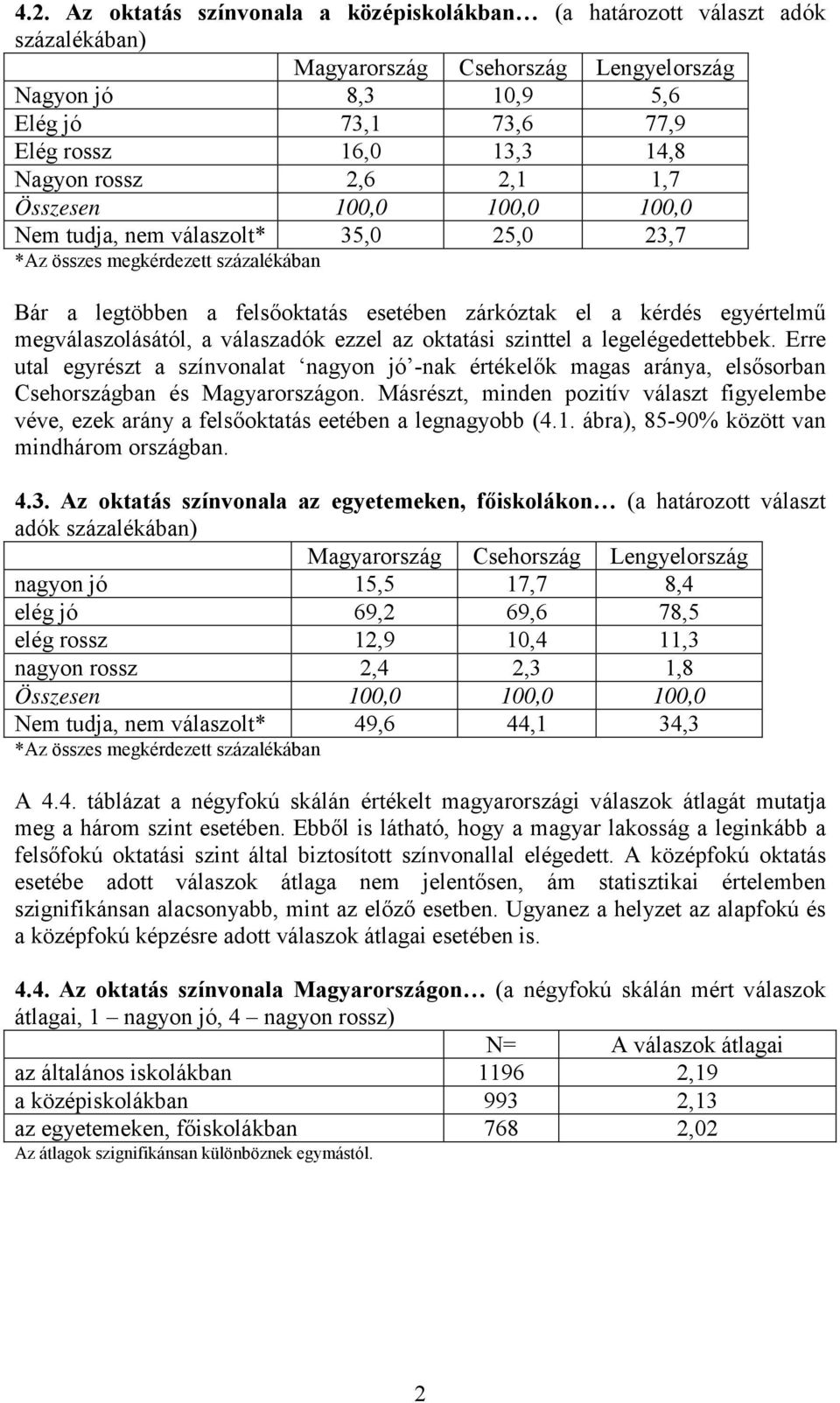 legelégedettebbek. Erre utal egyrészt a színvonalat nagyon jó -nak értékelők magas aránya, elsősorban Csehországban és Magyarországon.