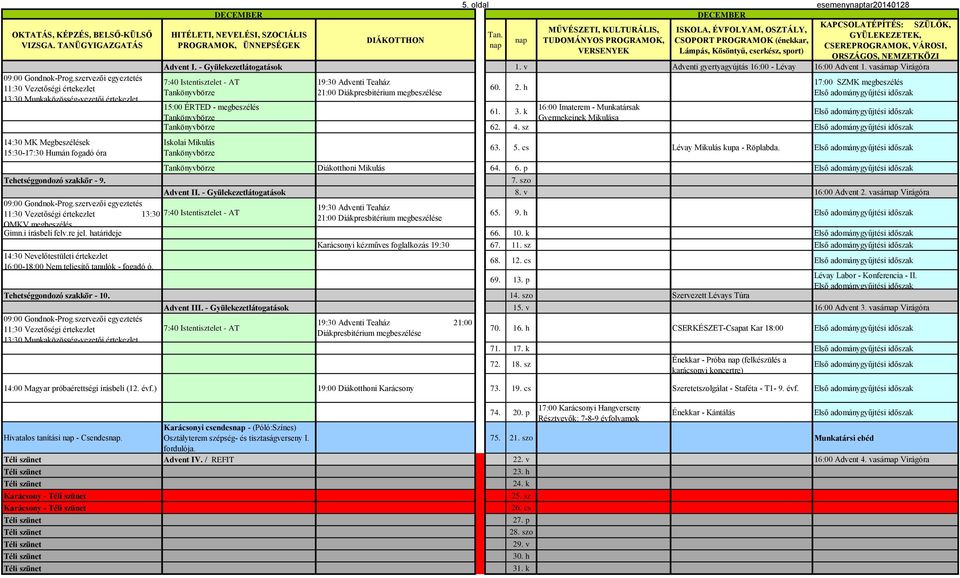 :00 Diákpresbitérium megbeszélése 60. 2. h 17:00 SZMK megbeszélés Első adománygyűjtési időszak 15:00 ÉRTED - megbeszélés 16:00 Imaterem - Munkatársak 61. 3.