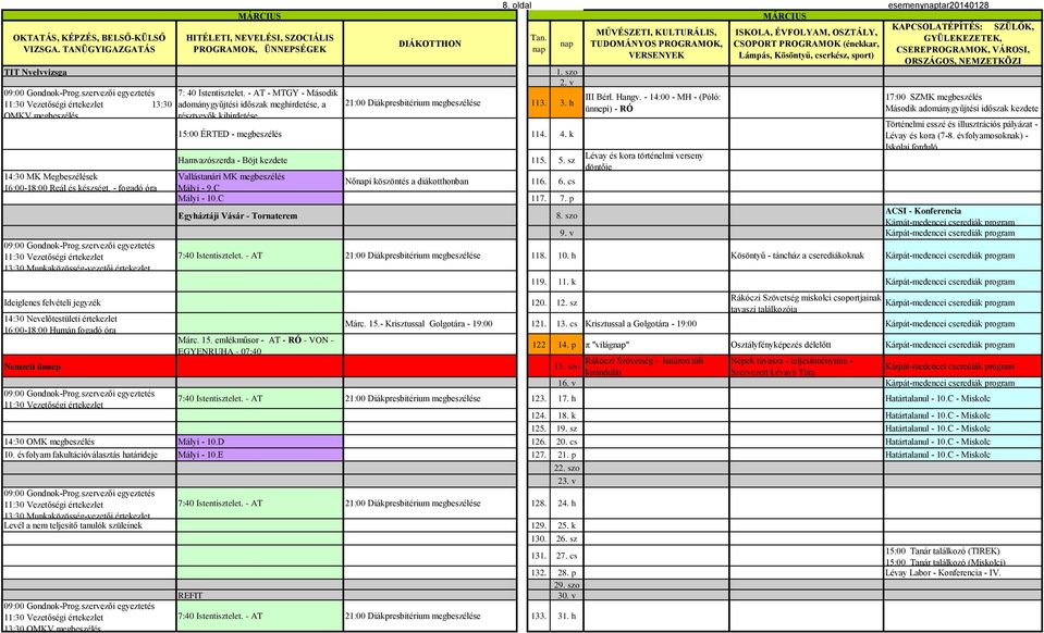 5. sz 8. oldal esemenytar20140128 MÁRCIUS TUDOMÁNYOS PROGRAMOK, CSOPORT PROGRAMOK (énekkar, 1. szo 2. v III Bérl. Hangv.