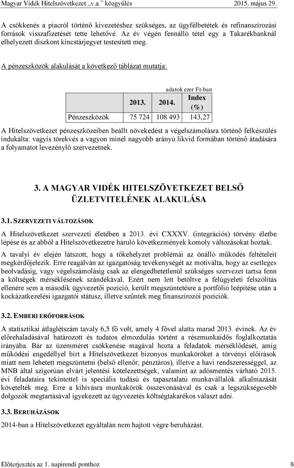 (%) Pénzeszközök 75 724 108 493 143,27 A Hitelszövetkezet pénzeszközeiben beállt növekedést a végelszámolásra történő felkészülés indukálta: vagyis törekvés a vagyon minél nagyobb arányú likvid