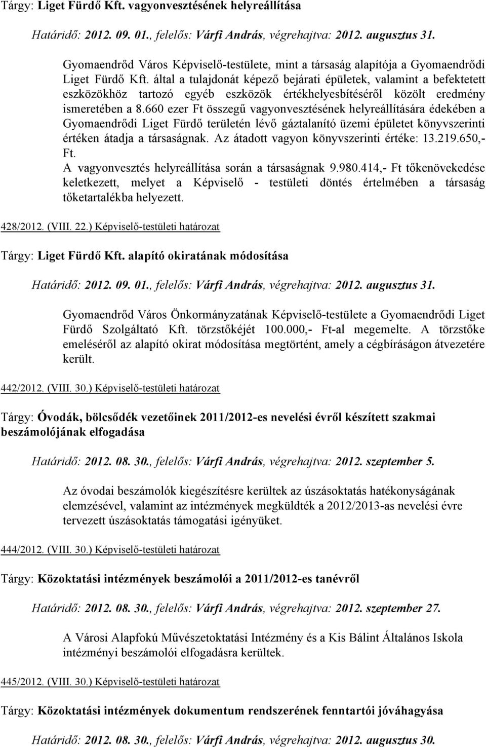 által a tulajdonát képező bejárati épületek, valamint a befektetett eszközökhöz tartozó egyéb eszközök értékhelyesbítéséről közölt eredmény ismeretében a 8.