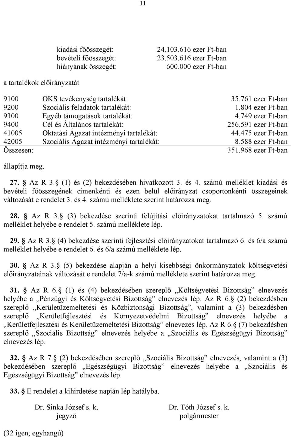 591 ezer Ft-ban 41005 Oktatási Ágazat intézményi tartalékát: 44.475 ezer Ft-ban 42005 Szociális Ágazat intézményi tartalékát: 8.588 ezer Ft-ban Összesen: 351.968 ezer Ft-ban állapítja meg. 27. Az R 3.