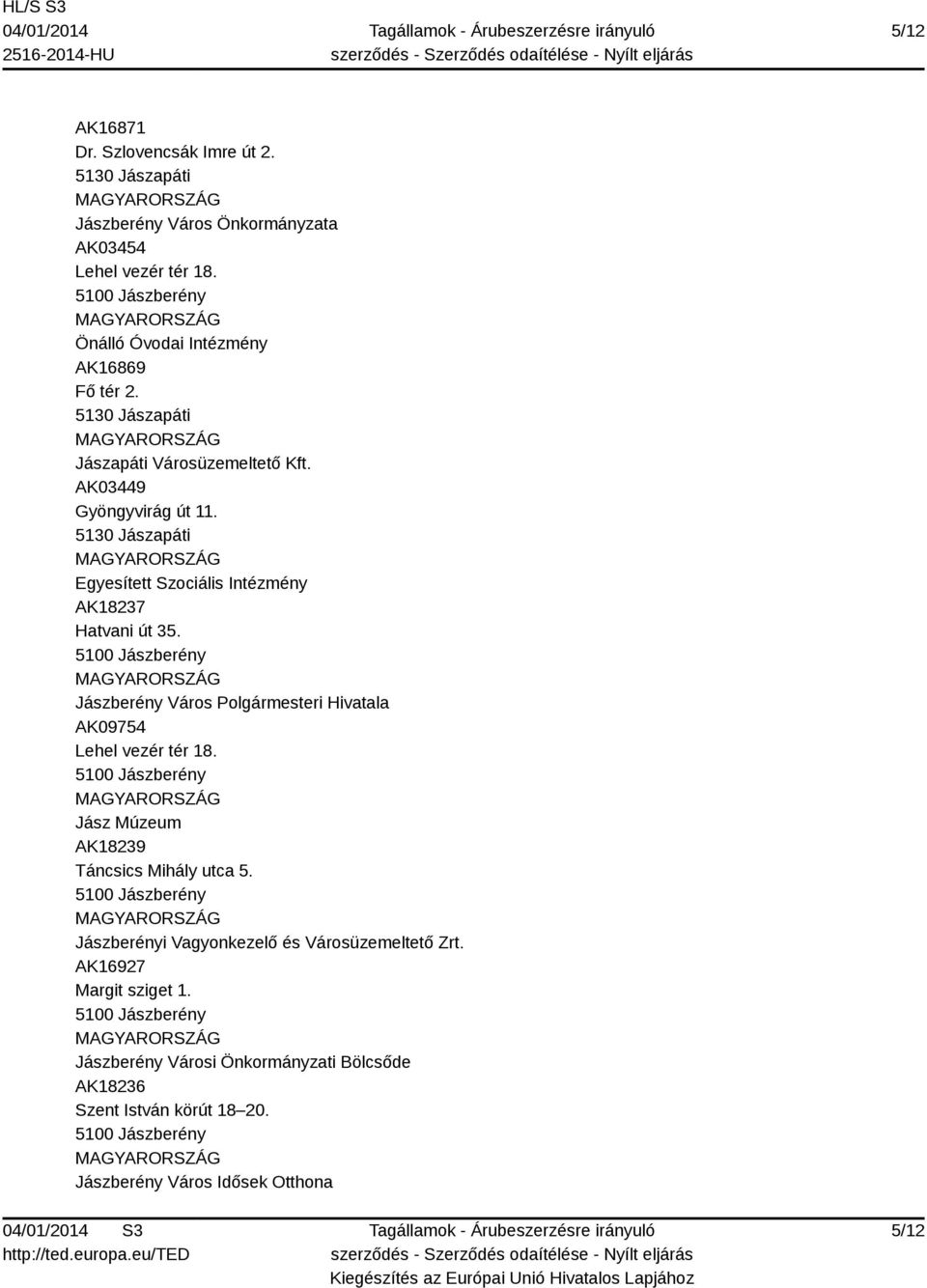 5130 Jászapáti Egyesített Szociális Intézmény AK18237 Hatvani út 35. Jászberény Város Polgármesteri Hivatala AK09754 Lehel vezér tér 18.