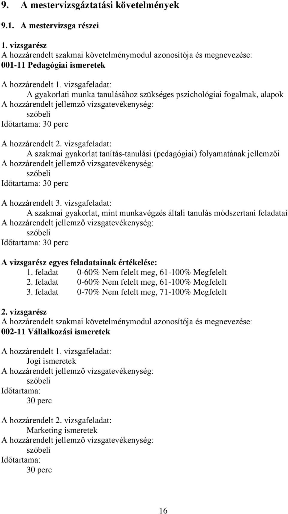 vizsgafeladat: szakmai gyakorlat tanítás-tanulási (pedagógiai) folyamatának jellemzői hozzárendelt jellemző vizsgatevékenység: szóbeli Időtartama: 30 perc hozzárendelt 3.