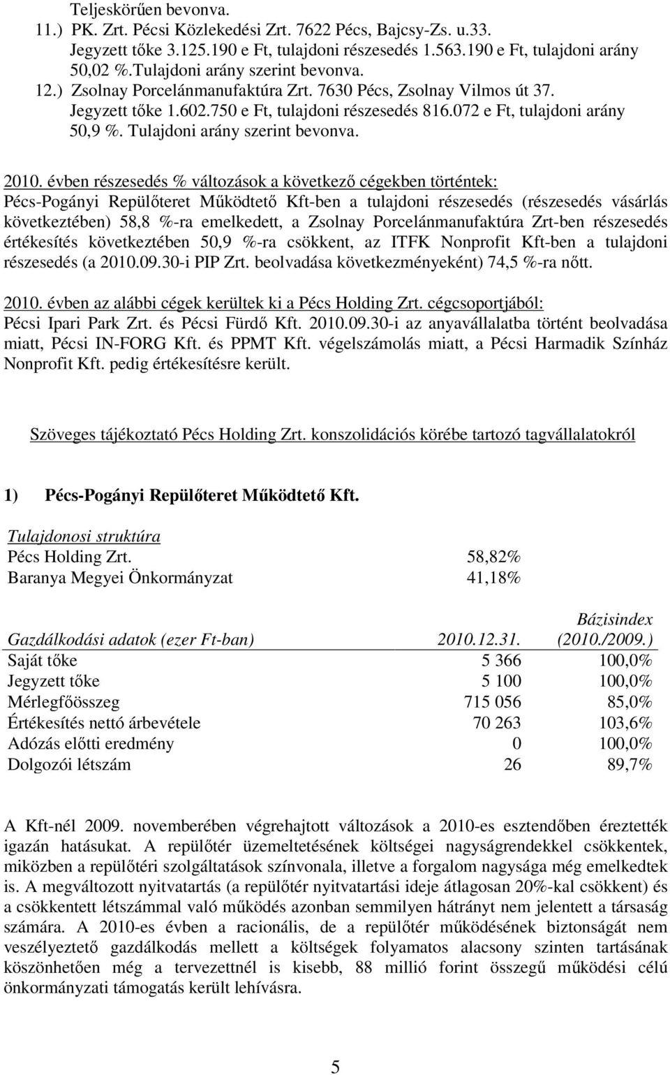 Tulajdoni arány szerint bevonva. 2010.