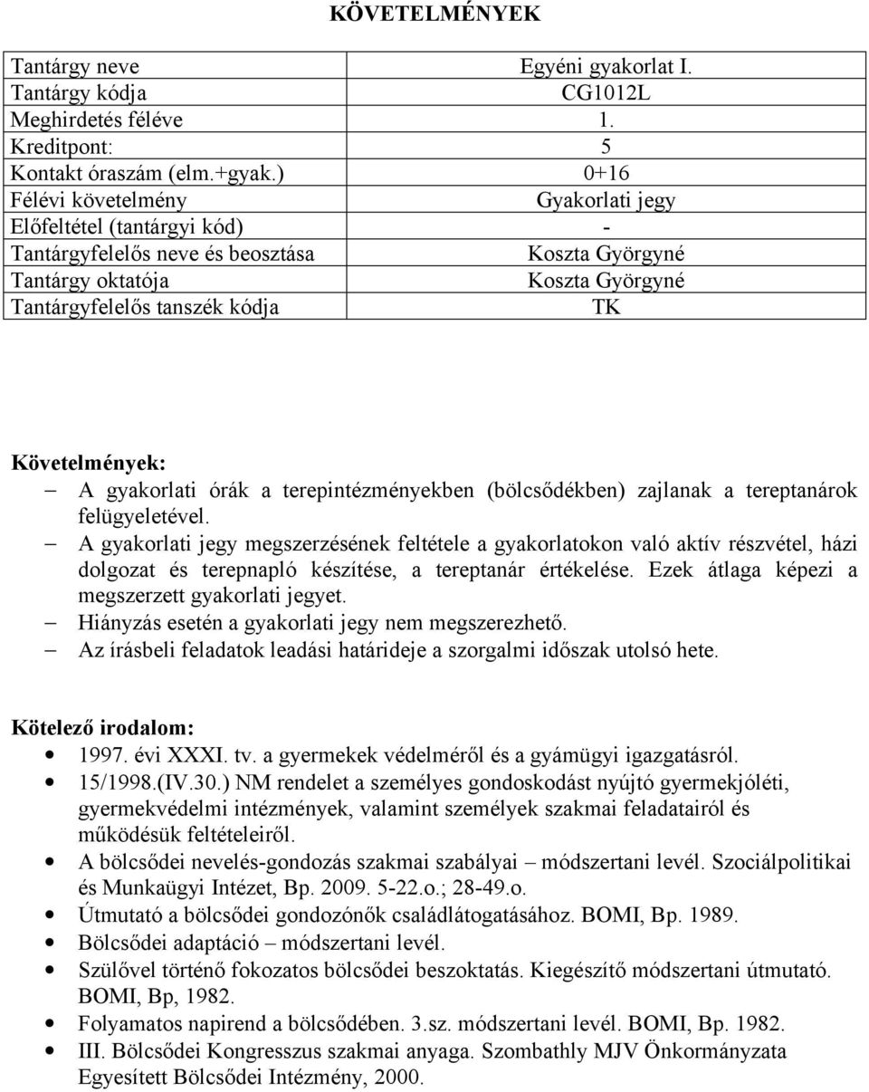 A gyakorlati jegy megszerzésének feltétele a gyakorlatokon való aktív részvétel, házi dolgozat és terepnapló készítése, a