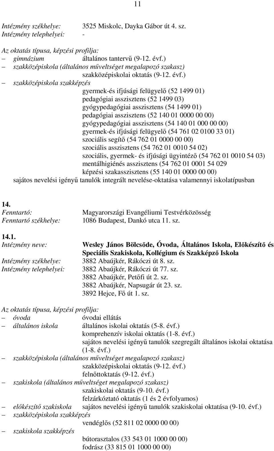 ) gyermek-és ifjúsági felügyelı (52 1499 01) pedagógiai asszisztens (52 1499 03) gyógypedagógiai asszisztens (54 1499 01) pedagógiai asszisztens (52 140 01 0000 00 00) gyógypedagógiai asszisztens (54