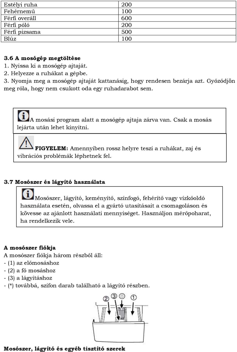 FIGYELEM: Amennyiben rossz helyre teszi a ruhákat, zaj és vibrációs problémák léphetnek fel. 3.